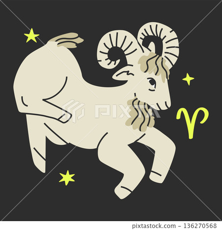 Aries zodiac symbol. Vector. Hand drawn astrological design isolated on black bground 136270568