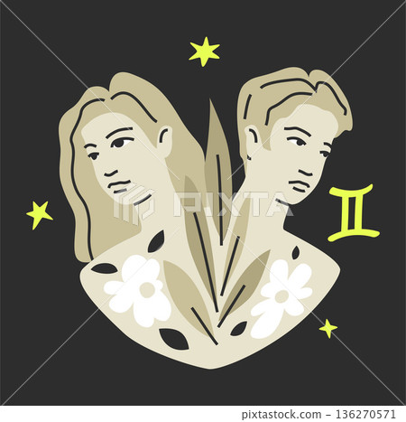 Gemini zodiac vector illustration. Hand drawn asset isolated on black background 136270571