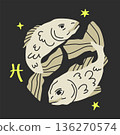 Pisces sodiac symbol. Vector. Hand drawn astrological sign isolated on black bg 136270574