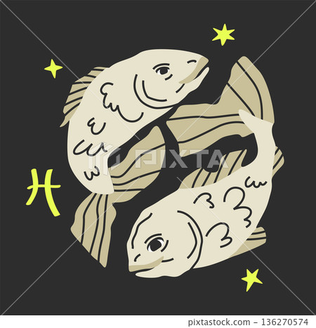 Pisces sodiac symbol. Vector. Hand drawn astrological sign isolated on black bg 136270574