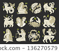 Zodiac signs hand drawn monochrome vector set isolated on black background 136270579