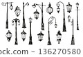 Vintage street lanterns vector set isolated on transparent background. Lamp post silhouettes hand drawn sketch illustration 136270580