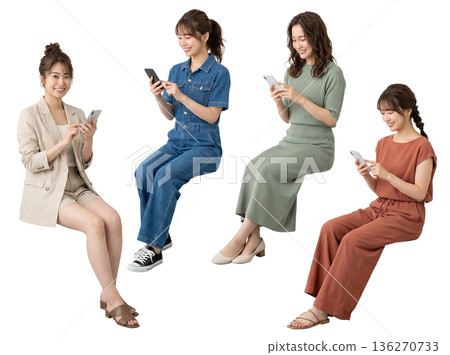 Set of 4 women in their 20s sitting and using smartphones, full-body cutout, transparent PNG, casual 136270733