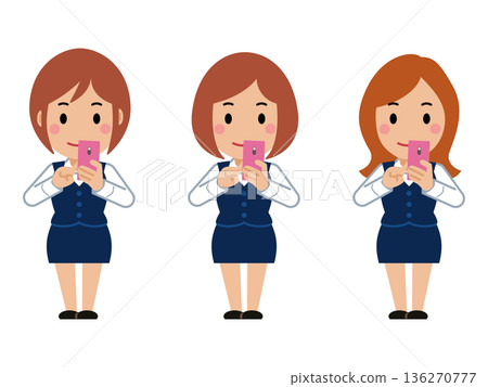 A young woman in navy office wear operating a smartphone 136270777