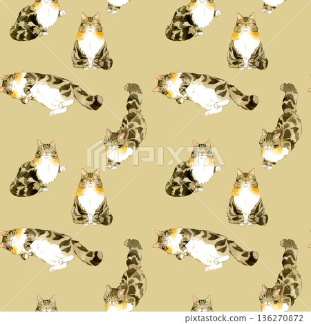 Norwegian Forest Cat seamless pattern. Hand-drawn watercolor illustration background material for animals and pets. 136270872
