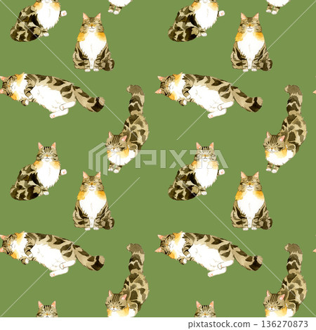 挪威森林貓無縫圖案。手繪水彩插畫背景素材，適用於動物和寵物。 136270873