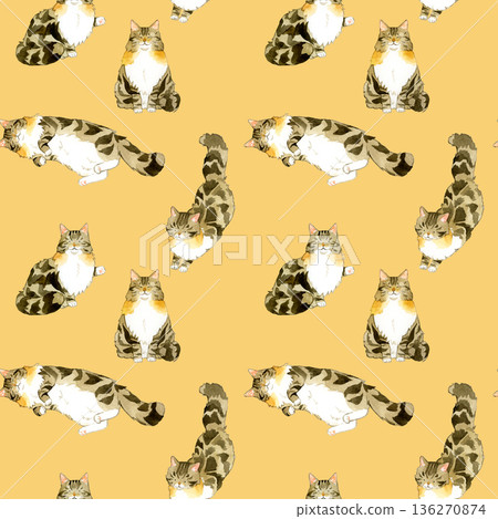 挪威森林貓無縫圖案。手繪水彩插畫背景素材，適用於動物和寵物。 136270874