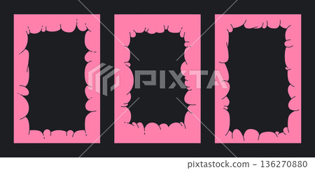 Abstract puffy cloud borders. Cartoon bubble cloud frames, contemporary organic figures flat vector illustration set. Pink chubby frames on white 136270880