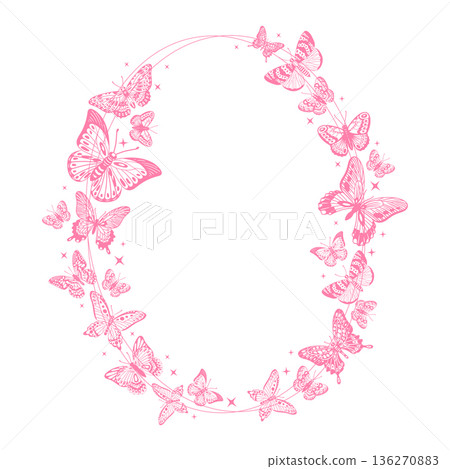 Cartoon butterfly frame. Flying butterfly silhouette oval decor flat vector background illustration. Cute pink butterfly border on white 136270883