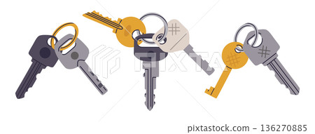 Cartoon key bunches. Apartment or house door keys, door key bunches flat vector illustration set. Simple real estate property keys on white 136270885