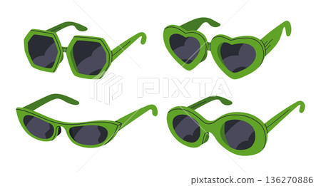 Cartoon sunglasses. Trendy green plastic shades frames, fashion eyewear accessories flat vector illustration set. Fashionable stylish sunnies collection 136270886