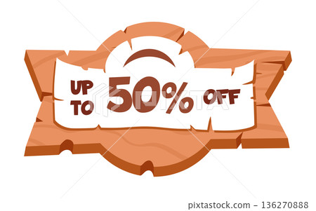 Discount wood board. Cartoon wooden sign board, paper placard with sale advertising on wood sign flat vector illustration. Hanging special offer sign on white 136270888