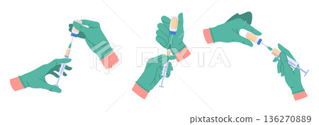Doctor or nurse hands holding syringes. Hand palms wearing rubber gloves with vaccinating syringes and vaccine flat vector illustration set. Cartoon hands hold syringe with vaccine Doctor or nurse hands holding syringes. Hand palms wearing rubber gloves with vaccinating syringes and vaccine flat vector illustration set. Cartoon hands hold syringe with vaccine 136270889