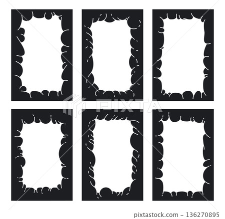 Abstract bubble cloud frames. Puffy cloud borders silhouettes, contemporary organic figures flat vector illustration set. Cartoon black chubby frames on white 136270895
