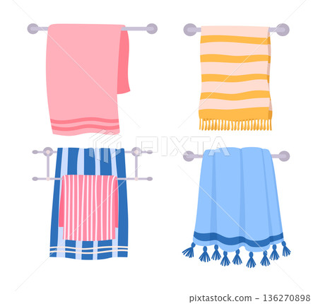 Bathroom textile towels. Shower hanging foot towels, soft hand towels, cotton fabric towels on hanger flat vector illustration set. Cartoon textile on white Bathroom textile towels. Shower hanging foot towels, soft hand towels, cotton fabric towels on hanger flat vector illustration set. Cartoon textile on white 136270898
