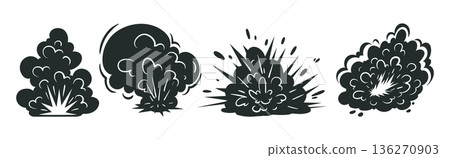 Cartoon bomb explosion silhouettes. Bomb explosion clouds, comic fire and smoke clouds flat vector illustration set. Dynamite explosion clouds silhouettes on white background 136270903
