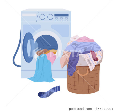 Cartoon dirty clothes. Laundry basket with stack of dirty clothing and washing machine flat vector illustration. Laundry concept on white Cartoon dirty clothes. Laundry basket with stack of dirty clothing and washing machine flat vector illustration. Laundry concept on white 136270904