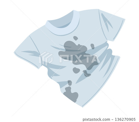 Cartoon dirty t-shirt. Wrinkled stained clothes, laundry apparel flat vector illustration. Stained dirty t-shirt on white background Cartoon dirty t-shirt. Wrinkled stained clothes, laundry apparel flat vector illustration. Stained dirty t-shirt on white background 136270905