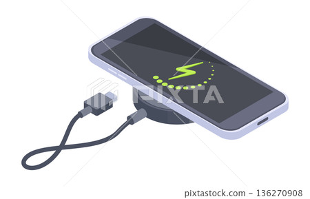 Charging smartphone. Isometric wireless phone charger, cellphone dedicated station, wireless device technology 3d vector illustration. Smartphone charging 136270908