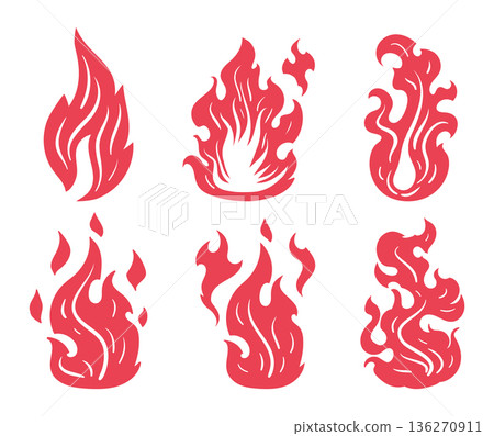 Fire flames. Cartoon red bonfire symbols, burning fireballs and wildfire flames flat vector illustration set. Cartoon fire on white background Fire flames. Cartoon red bonfire symbols, burning fireballs and wildfire flames flat vector illustration set. Cartoon fire on white background 136270911