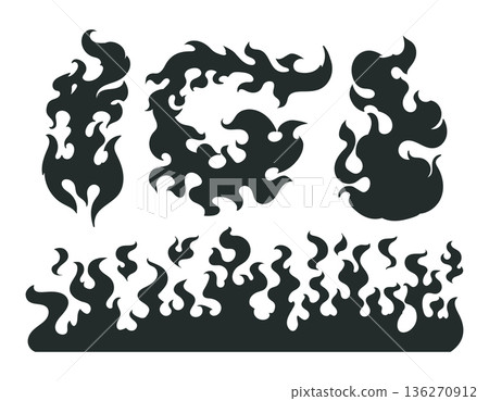 Flame silhouettes. Cartoon burning fire, sketched wildfire elements, fire burning silhouette flat vector illustrations set. Black flames silhouettes on white 136270912