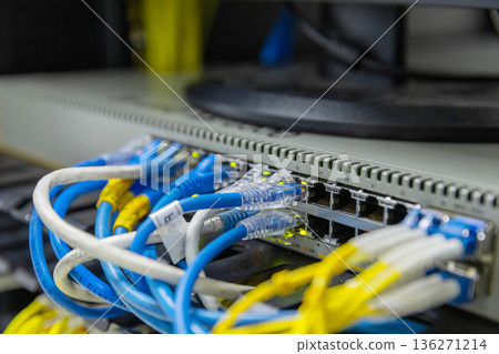 Network cables connected to switches. 136271214