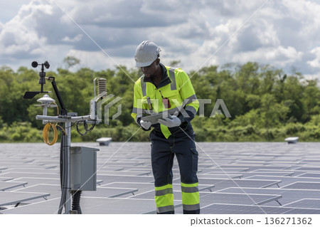 Engineer Checking and working setup Floating solar panels or solar cell Platform system on the lake. Engineer Checking and working setup Floating solar panels or solar cell Platform system on the lake. 136271362