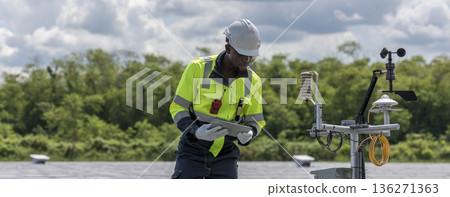 Engineer Checking and working setup Floating solar panels or solar cell Platform system on the lake.  136271363