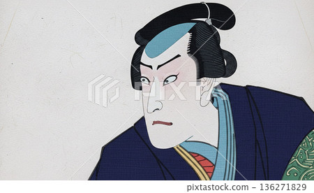 浮世繪風格的歌舞伎演員插畫，穿著日式圖案和服的武士肖像，展現日本傳統文化的插圖 136271829