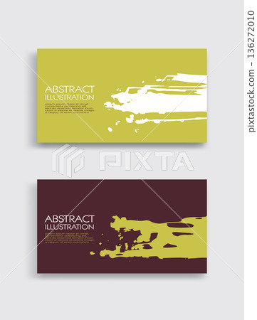 Green white brown ink brush stroke card on white background. Japanese style. 136272010