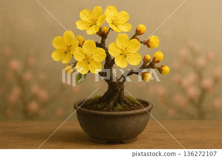 Yellow plum bonsai - A Japanese-style image that gives a feeling of spring Yellow plum bonsai - A Japanese-style image that gives a feeling of spring 136272107