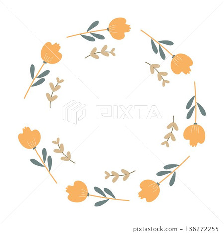 vector illustration in the form of a wreath of branches, and yellow flowers with with text space vector illustration in the form of a wreath of branches, and yellow flowers with with text space 136272255