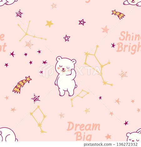 Seamless pattern with cute cartoon bears and constellations. 136272332