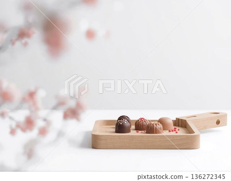 A table decorated with flowers and chocolates arranged on a wooden tray 136272345