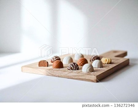 Chocolates arranged on a wooden tray 136272346