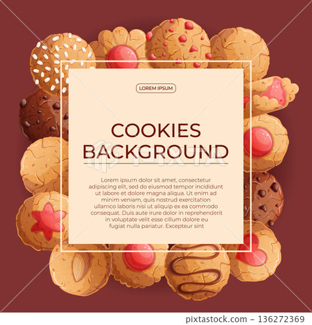 Colorful background with delicious cookies. The concept of confectionery, baking, cooking. Vector illustration for the design of posters, flyers, postcards, invitations 136272369