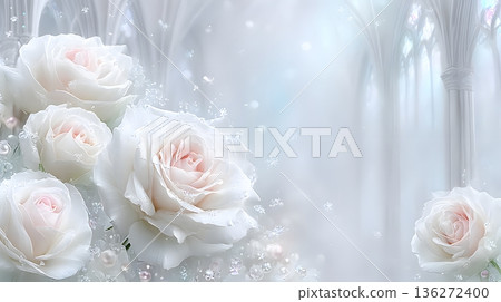 一個神聖的哥德式空間,被白玫瑰和光芒環繞。 一個神聖的哥德式空間,被白玫瑰和光芒環繞。 136272400
