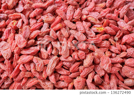 Close up photo of dried goji berries, selective focus. Close up photo of dried goji berries, selective focus. 136272490