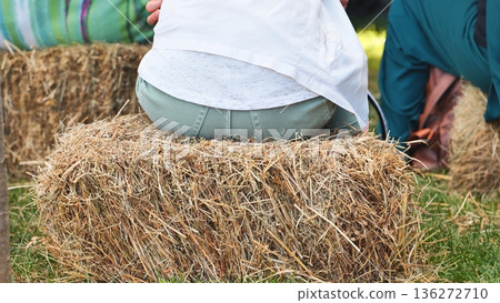 Person sitting on hay bale at outdoor rural festival in countryside India 136272710