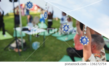 Yoga class participants practicing on mats at outdoor wellness festival in India 136272754