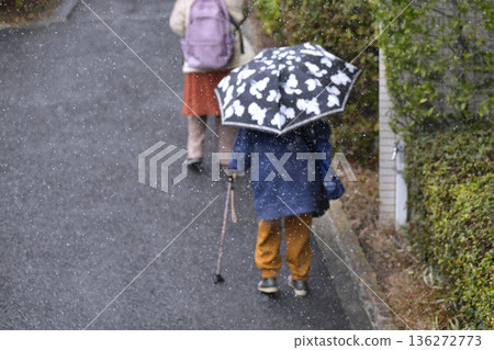 Yokohama cityscape in Japan. Freezing cold with powdery snow falling... steps and uneven terrain... aging society. Elderly woman with a walking stick = Yokohama city 136272773