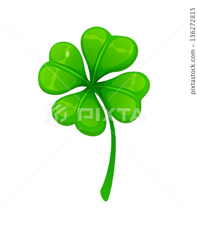 Cartoon St Patrick day lucky clover, green four leaf shamrock plant. Vector iconic charms, symbol of good luck, Irish culture, holiday, positivity and magic, fortune and prosperity in Ireland 136272815