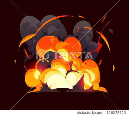 Cartoon bomb explosion and magic boom effect, red fire cloud. Vector fireball with bright flame and smoke, glowing orange and yellow blast, vfx burst for magic fight, fantasy game and comic attack 136272823