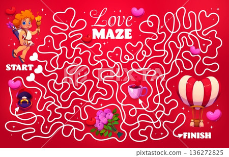 Labyrinth maze game with valentine cherub cupid and holiday gifts. Cartoon angel character guiding a love journey through rings, hearts, flowers, and coffee to a heart shaped hot air balloon finish 136272825