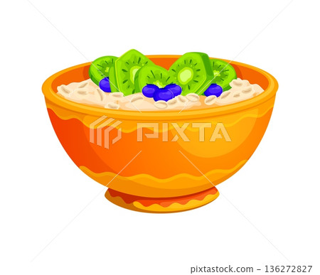 Cartoon oatmeal bowl with cereal flakes topped with kiwi fruit slices and blueberry berries. Vector breakfast food with ceramic dish, creamy porridge, fresh fruit garnish isolated on white background 136272827