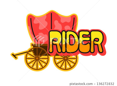 Western rider and Wild West Y2K groovy sticker or hippie tag. Western culture groovy vector patch, American cowboy label. Texas ranch and rodeo sticker with pilgrim wagon and golden typography Western rider and Wild West Y2K groovy sticker or hippie tag. Western culture groovy vector patch, American cowboy label. Texas ranch and rodeo sticker with pilgrim wagon and golden typography 136272832