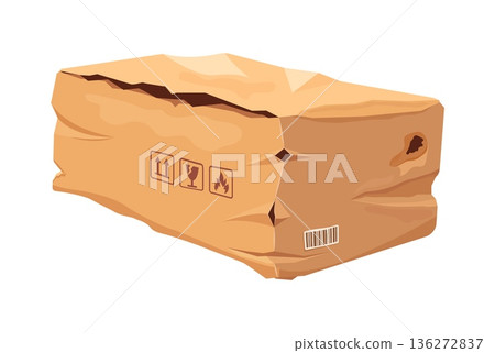Crumpled damaged cargo delivery box with wrinkled sides, ripped surface patches and creased flaps. Vector broken ripped parcel cardboard package with crushed edges and punctures, damaged delivery box 136272837