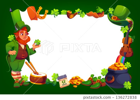 Happy St Patrick day frame greeting card with joyful cartoon leprechaun, clovers, gold coins, hat, rainbow and Celtic items. Vector border template for festive invitations, Irish holiday events Happy St Patrick day frame greeting card with joyful cartoon leprechaun, clovers, gold coins, hat, rainbow and Celtic items. Vector border template for festive invitations, Irish holiday events 136272838