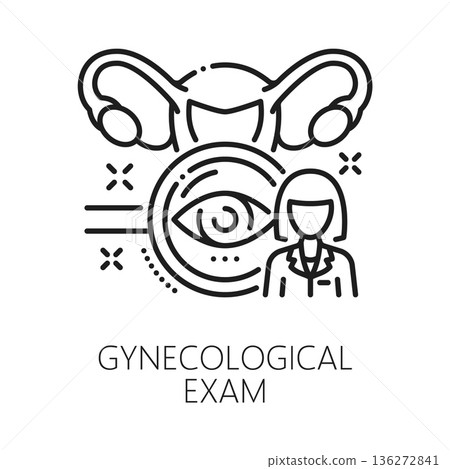 Gynecology examination, urinary medicine line icon. Gynecology and pregnancy symbol, woman reproductive health and fertility vector icon. Medicine pictogram with uterus, doctor or nurse character 136272841