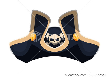 Cartoon pirate hat, corsair captain tricorn. Vector seafarer headdress with jolly roger skull emblem. Isolated buccaneer cocked hat, headgear, sailor cap. Filibuster piracy party costume accessory Cartoon pirate hat, corsair captain tricorn. Vector seafarer headdress with jolly roger skull emblem. Isolated buccaneer cocked hat, headgear, sailor cap. Filibuster piracy party costume accessory 136272843